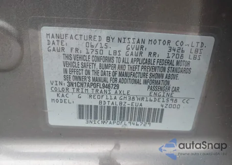 2015 Nissan Versa 1.6 Sv z USA, uszkodzony, nr VIN 3N1CN7AP0FL946729